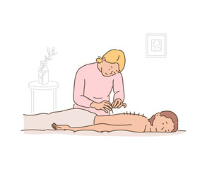 A patient is receiving acupuncture treatment at an oriental clinic. hand drawn style vector design illustrations.  - obrazy, fototapety, plakaty