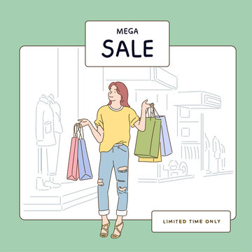 A woman is standing in front of a store with shopping bags full. hand drawn style vector design illustrations. 