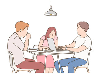 Three people are sitting around a table and having a meeting. hand drawn style vector design illustrations. 