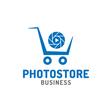 Shopping Cart with Camera Lens Logo Design Template. Suitable for Photo Media Digital Finance Shop Market Store Company Business Brand Simple Modern Logo Design.