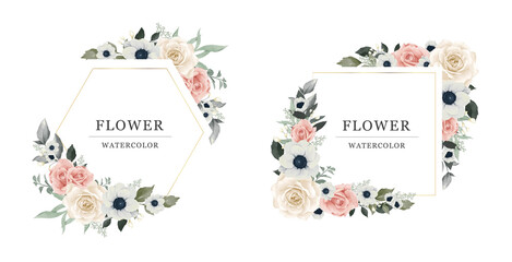 Flower Watercolor Vector Set. Gold frame. Flower vector rose anemone art.  Bouquet watercolor wreath. Pink and white flower.  - obrazy, fototapety, plakaty