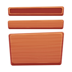 Wood button set in cartoon style with cracked details isolated on white background. Game assets, ui interface, menu. Collection of different shapes for application.