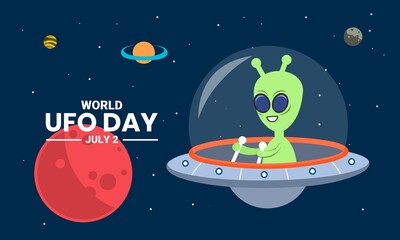 Vector illustration, Alien with UFO plane resembling a flying saucer, hovering in space between planets, as banner, poster or template, world UFO day.