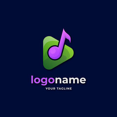 music beat play button gradient logo with purple and green color