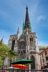 View of the south portal of Rouen Cathedral and the spire. Rouen, France