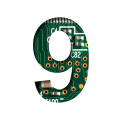 Digital technology font. Digit nine, 9 cut out of white on the printed digital circuit board with...