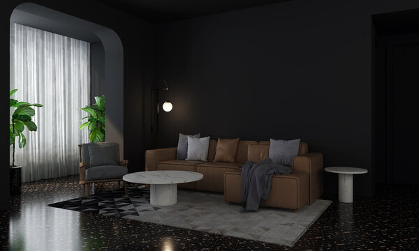Modern home and decoration mock up furniture and interior design of cozy living room and black wall texture background, 3d rendering
