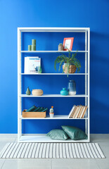 Modern book shelf with decor near color wall