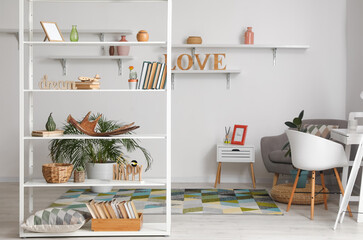 Interior of modern living room with book shelf