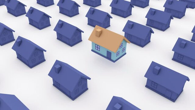Sell Home Real Estate advertisement concept - One house highlight from a set of houses - make your home special for sale. 4K resolution 3D motion graphics animation.