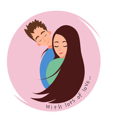 Postcard of a couple in love in a circle. Valentines Day, hearts, flat cartoon characters. Vector illustration.