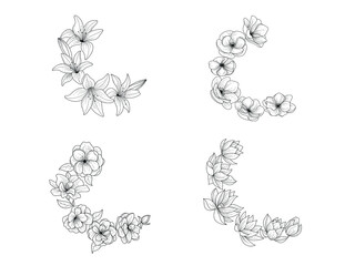 Botanical bouquet, set. Botanical clipart. Floral arrangement in the form of a wreath. Black and white. Vector illustration.