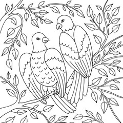 Parrots on branches with foliage.