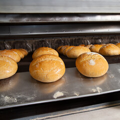 Bread on a bakery conveyor. Manufacturing and baking bread at an industrial plant. 