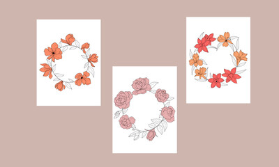 Botanical bouquet, flower wreath set. Floral arrangement in the form of a wreath. A set of postcards. Vector illustration.