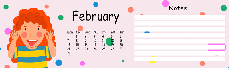 Glider wall calendar template for the year 2022 month of February. A cute child makes a grimace, shows his tongue. The week starts on Mondays. Flat cartoon style.