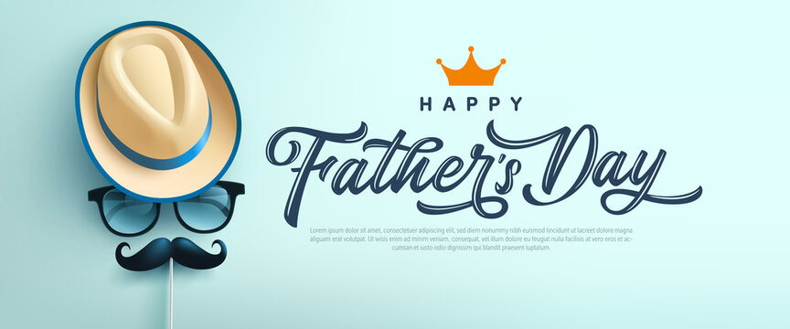 Father's Day poster or banner template with symbol of Dad from hat,glasses and mustache.Greetings and presents for Father's Day in flat lay styling.Promotion and shopping template for love dad