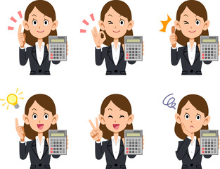 計算機を持つスーツ姿の女性の表情と仕草のイラスト6点セット

