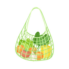 String Reusable Bag with Grocery Products as Eco Shopping Vector Illustration