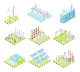 Green Energy with Solar Panels, Wind Generator and Hydro Power Station Isometric Vector Set