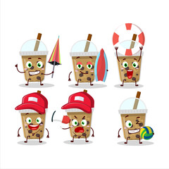 Happy Face chocolate coffee with boba cartoon character playing on a beach