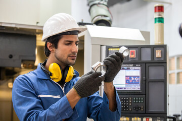 Workers inspecting workpieces from CNC machines. Engineer  Planning CNC Machinery Project