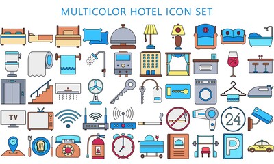 Fototapeta na wymiar multicolor hotel icon set, business service, vacations, and holiday. for modern concepts, web and apps. eps 10 ready convert to SVG