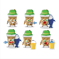 A fisherman chocolate coffee with boba cartoon picture catch a big fish