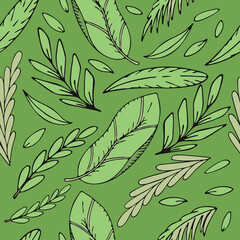 set of green tropical green leaves, vector seamless pattern of doodle elements