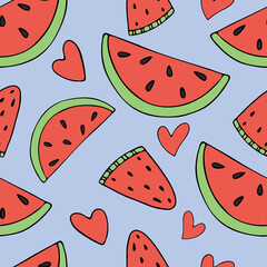 slices of red watermelon with black seeds, ripe fruit, hearts, set of green tropical green leaves, vector seamless pattern of doodle elements