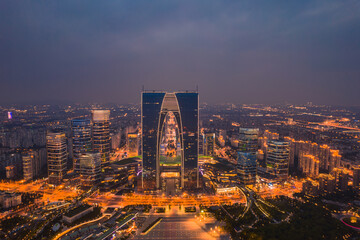 Fototapeta premium Aerial view of the skyline in Suzhou at night.