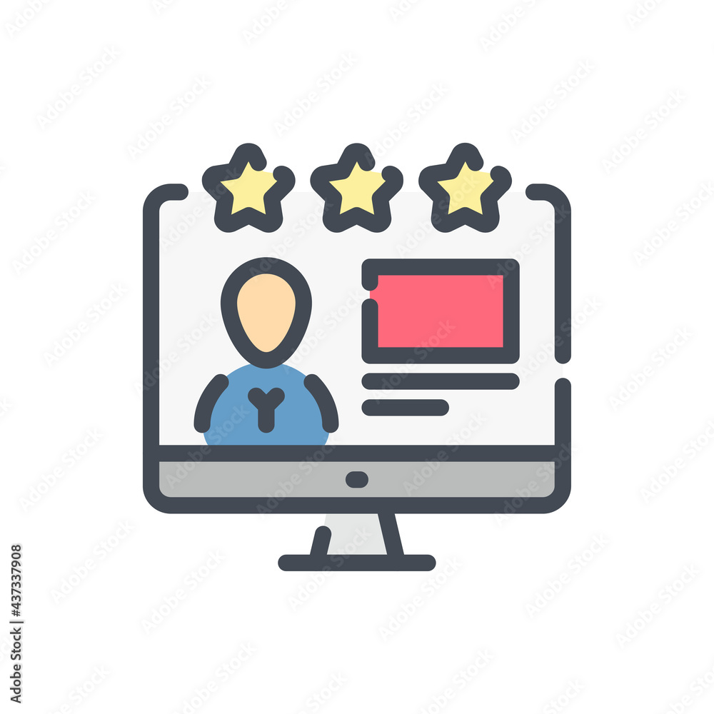 Poster online review and rating color line icon. computer with person profile and rating stars vector outli