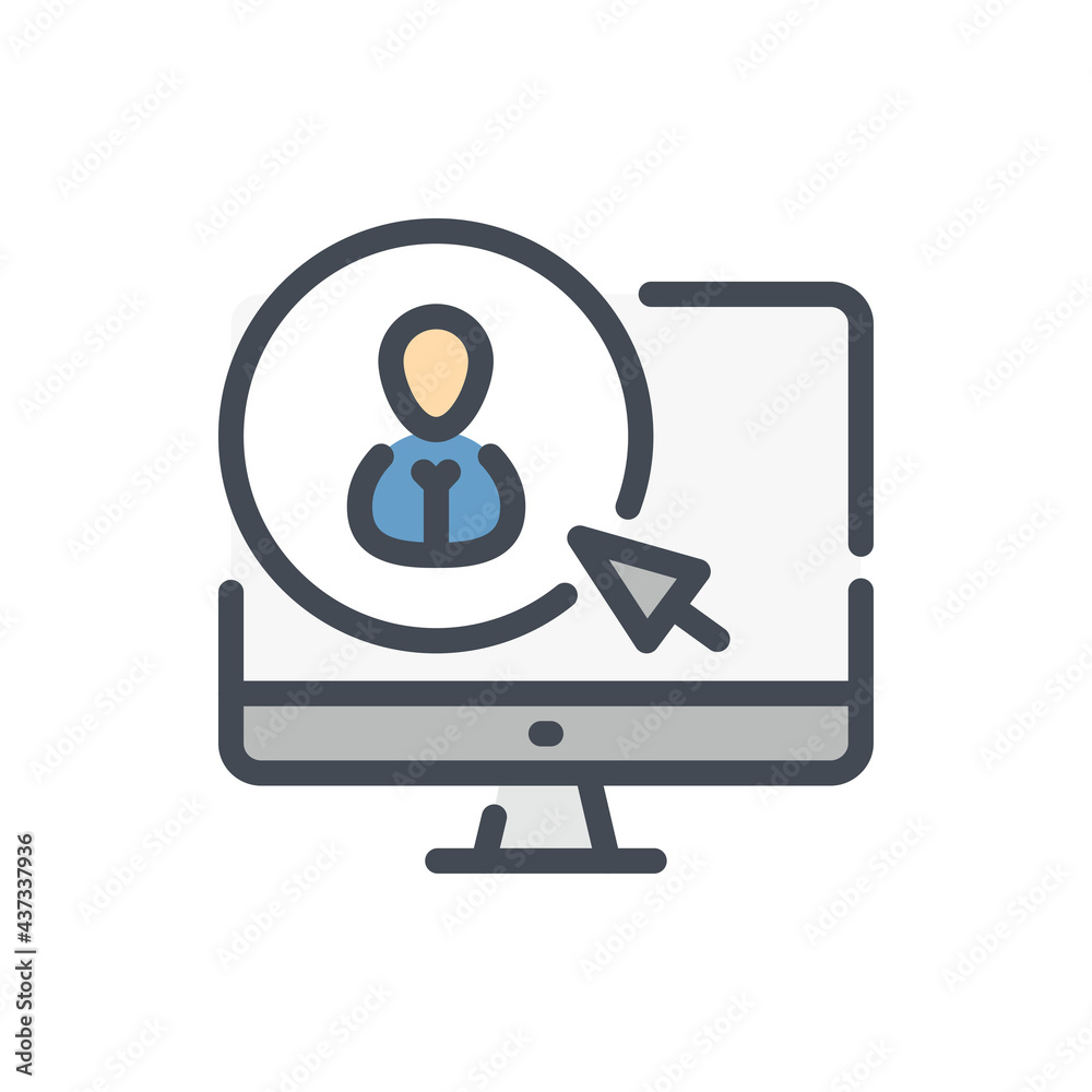 Poster search for employees online color line icon. computer with person in circle and pointer arrow vector