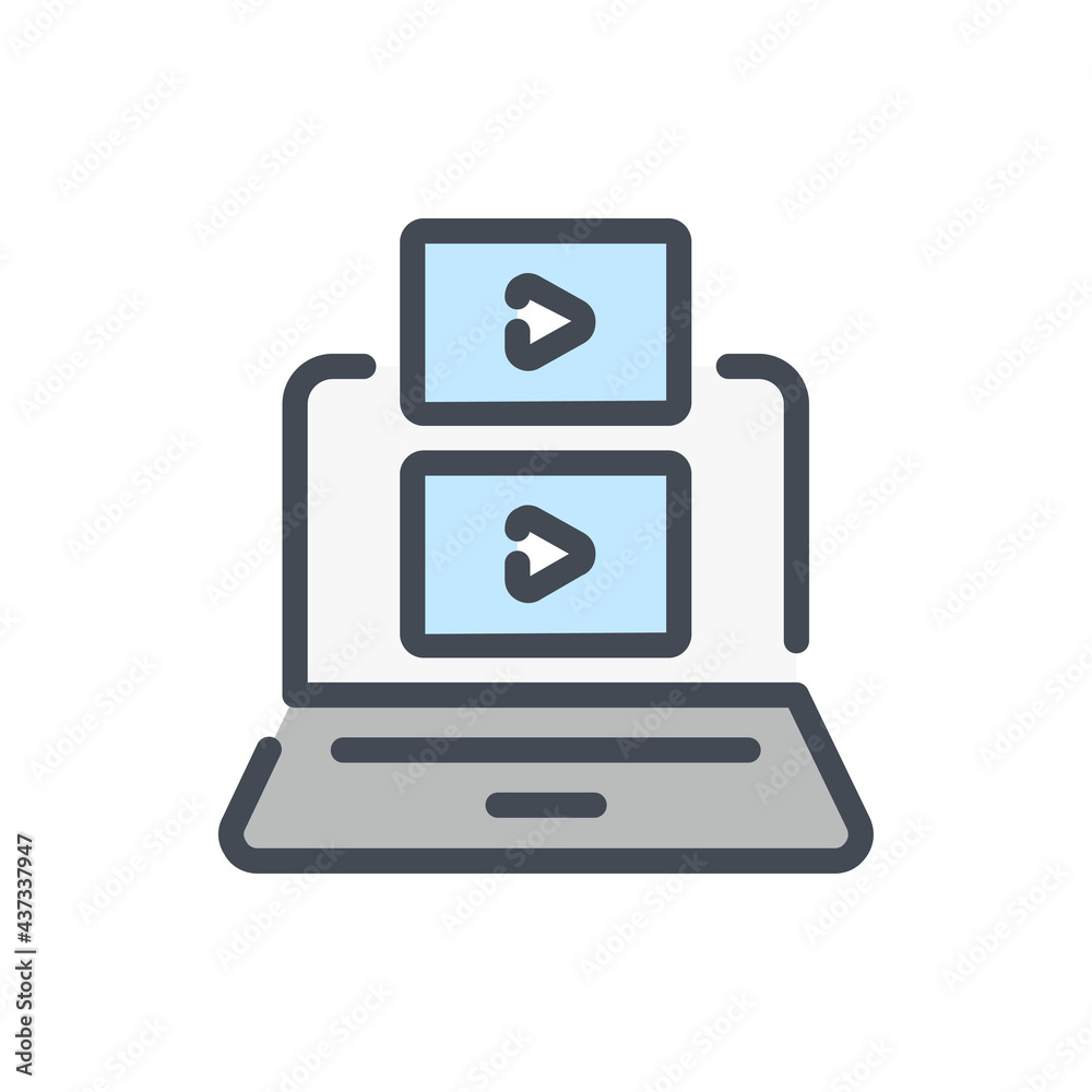 Poster laptop with list of online video color line icon. video player on computer vector outline colorful s