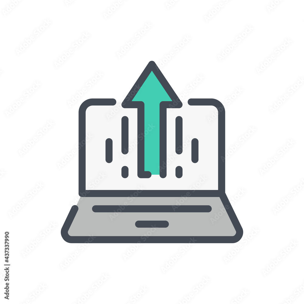 Poster laptop with arrow up color line icon. upload files from computer vector outline colorful sign.