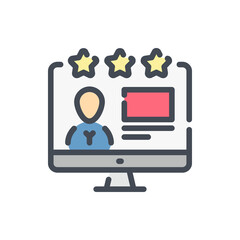 Online review and rating color line icon. Computer with person profile and rating stars vector outline colorful sign.