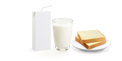 1 box of milk, 1 glass of fresh milk with 2 soft breads, sliced on a plate on a white background
