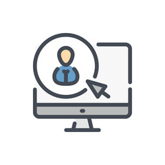 Search for employees online color line icon. Computer with person in circle and pointer arrow vector outline colorful sign.