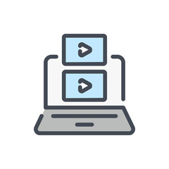 Laptop with list of online video color line icon. Video player on computer vector outline colorful sign.