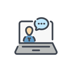 Laptop with online conference and webinar communication color line icon. Computer with online talking person and support assistant vector outline colorful sign.