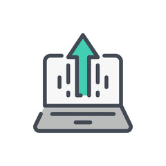 Laptop with arrow up color line icon. Upload files from computer vector outline colorful sign.