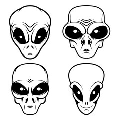 Illustration of alien head in monochrome style. Design element for logo, label, sign, emblem, poster. Vector illustration