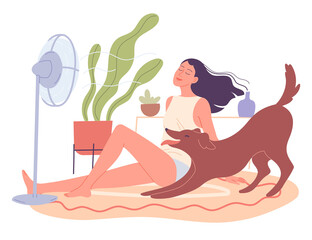 Girl and her dog are chilling at home by the fan - obrazy, fototapety, plakaty