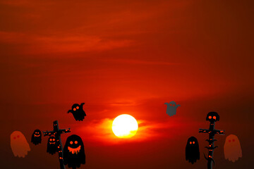 halloween day silhouette sky in sunset back on the cloud with ghosts