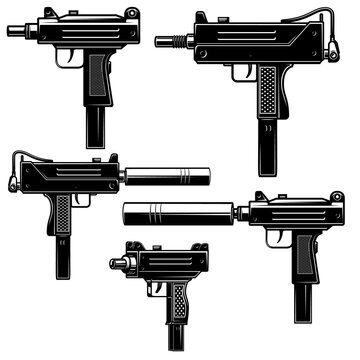 Set of uzi submachine gun illustrations. Design element for logo, label, sign, emblem. Vector illustration