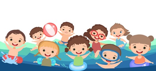 Children fun and splashing in water. Waves. Swimming, diving and water sports. Pool or beach. Isolated on white background. Illustration in cartoon style. Flat design. Vector art