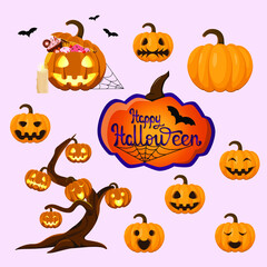 Set for Halloween. Pumpkins, bats, wood, lettering.