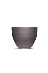 Subject shot of gray flared teabowl made in classic Japanese style. Simple cup with ribbed textured surface is isolated on the white background.