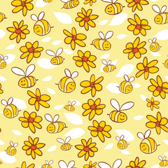 Vector yellow whimsical fun daisy flowers and bees doodle repeat pattern. Suitable for textile, gift wrap and wallpaper.