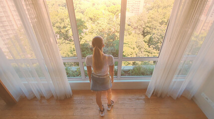 Young woman uncover the big window and looking out her apartment on the city buildings. Sunrise in the city.